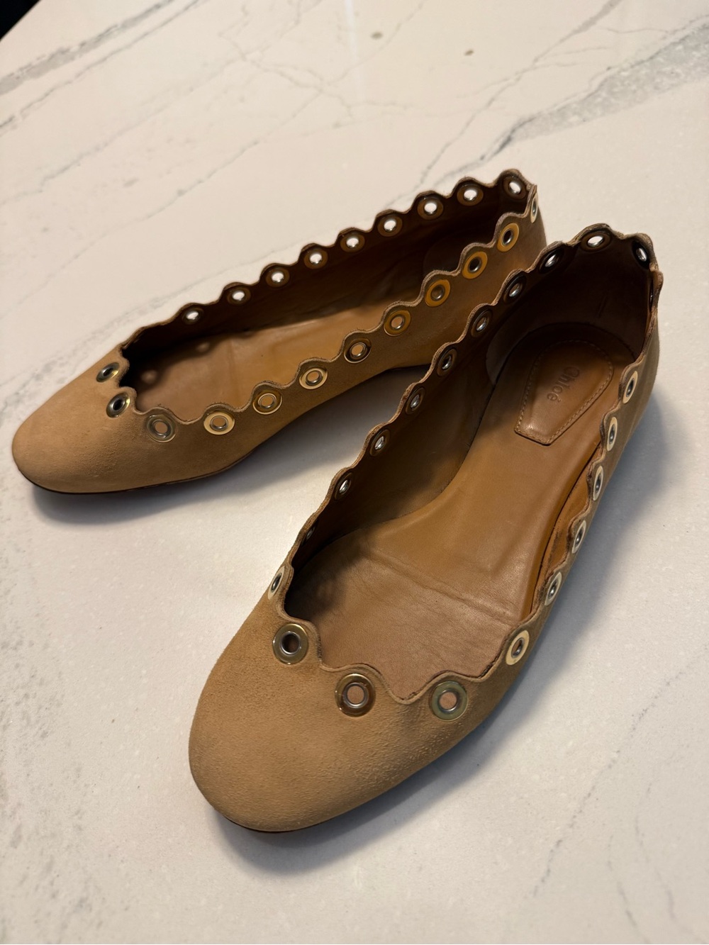Chloe Tan Grommet-Trim Suede Ballet Flats